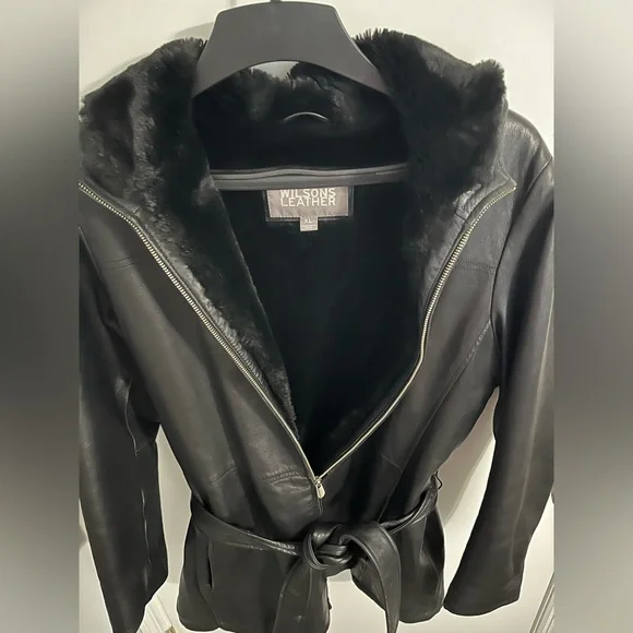 Vtg Wilson’s Leather Black 3/4 Length Coat Belted Soft Lining Warm Hooded Sz XL - Picture 3 of 9